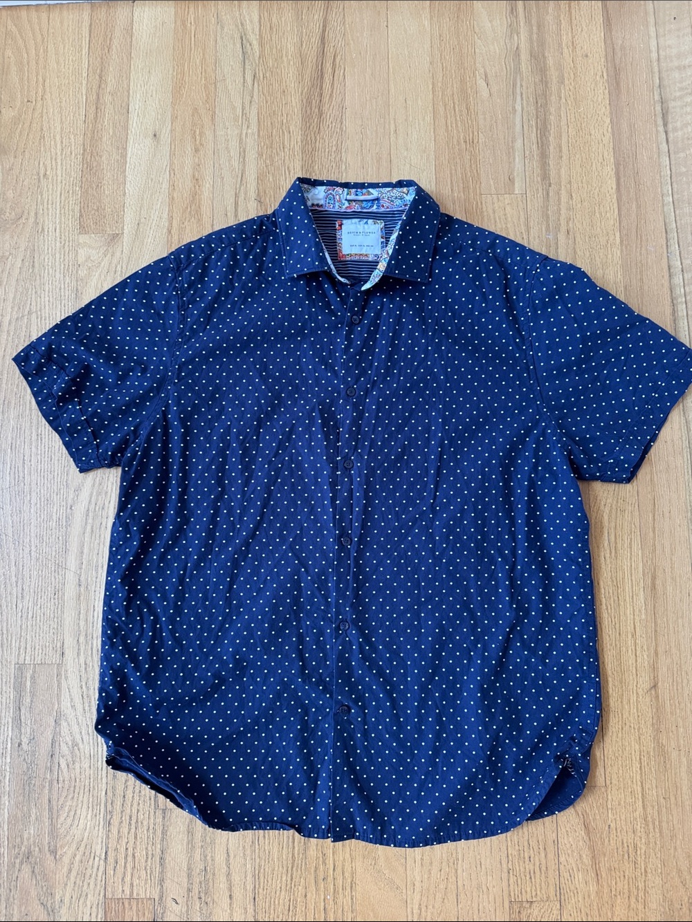 Denim & Flower By Ricky Singh Shirt Mens Large Navy Blue Polka Dot Button Up